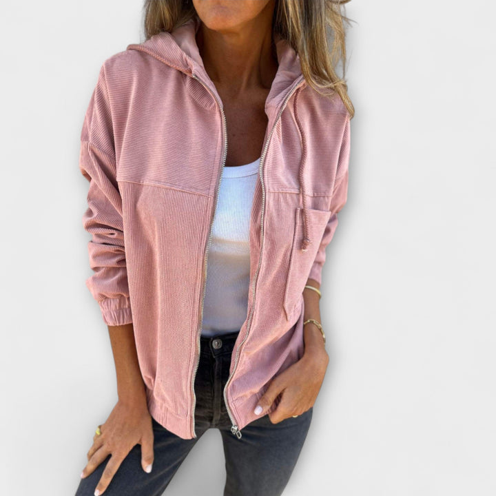 Ella - Elegantná bunda s kapucňou z vyšívanej tkaniny so zipsom